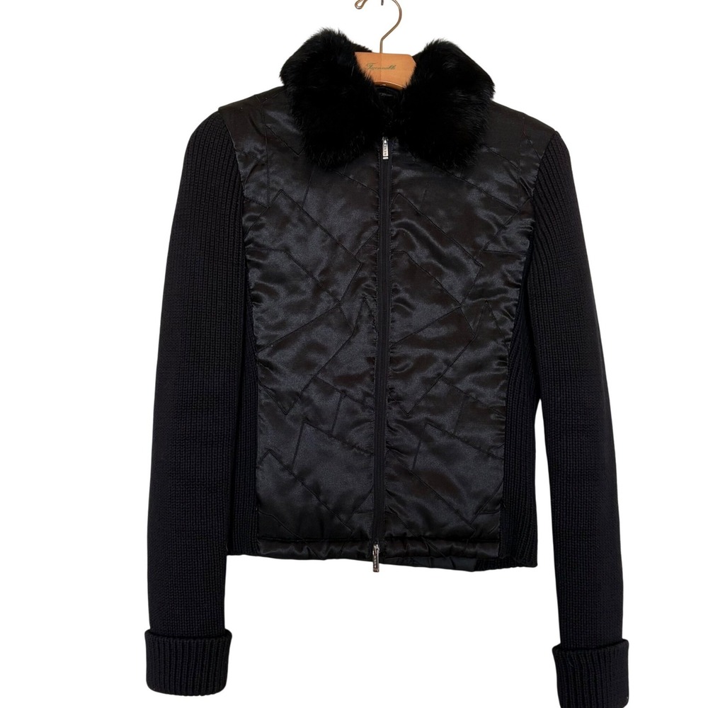 Y2K Vintage Bebe Black Quilted Puffer Down Jacket Rabbit Fur Collar Knit Sleeves